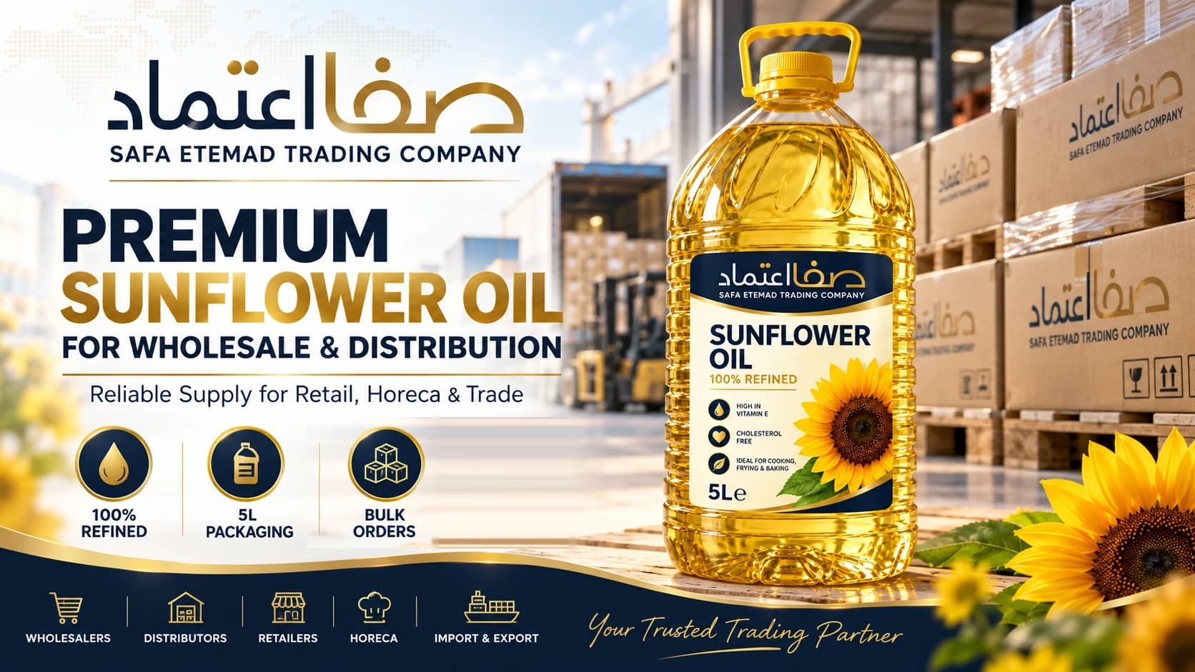 Premium sunflower oil for wholesale and distribution — a 5-litre bottle in a warehouse