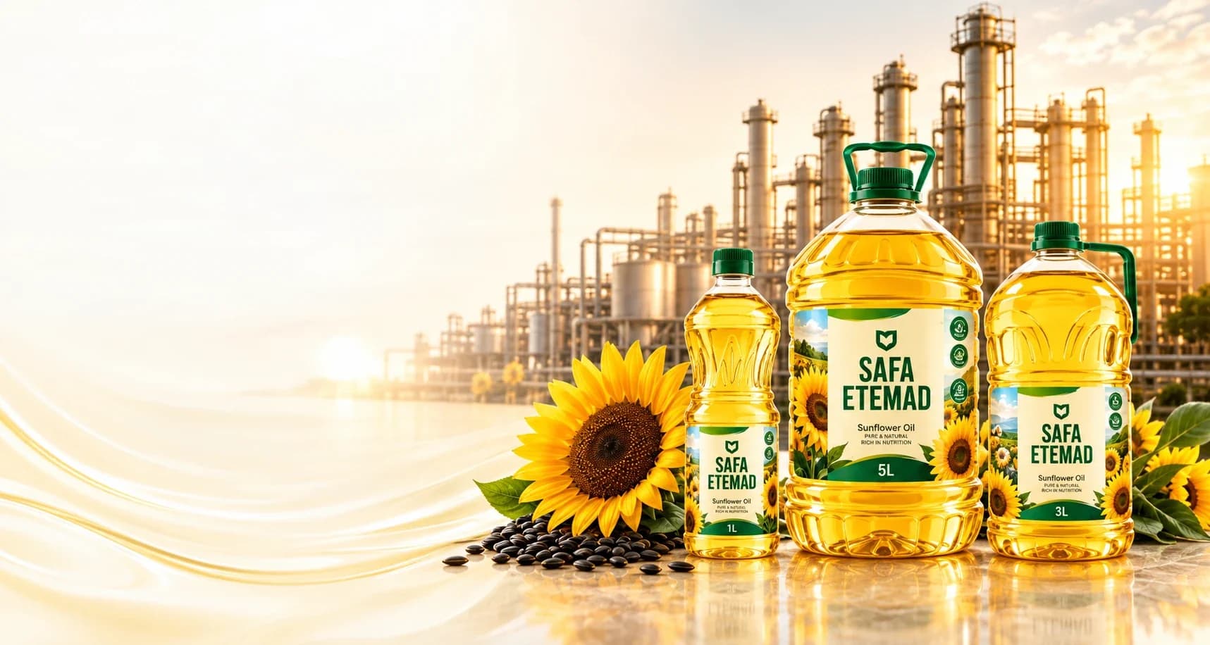 Safa Etemad sunflower oil in 1-litre, 5-litre and 3-litre bottles beside a sunflower, with a refinery in the background