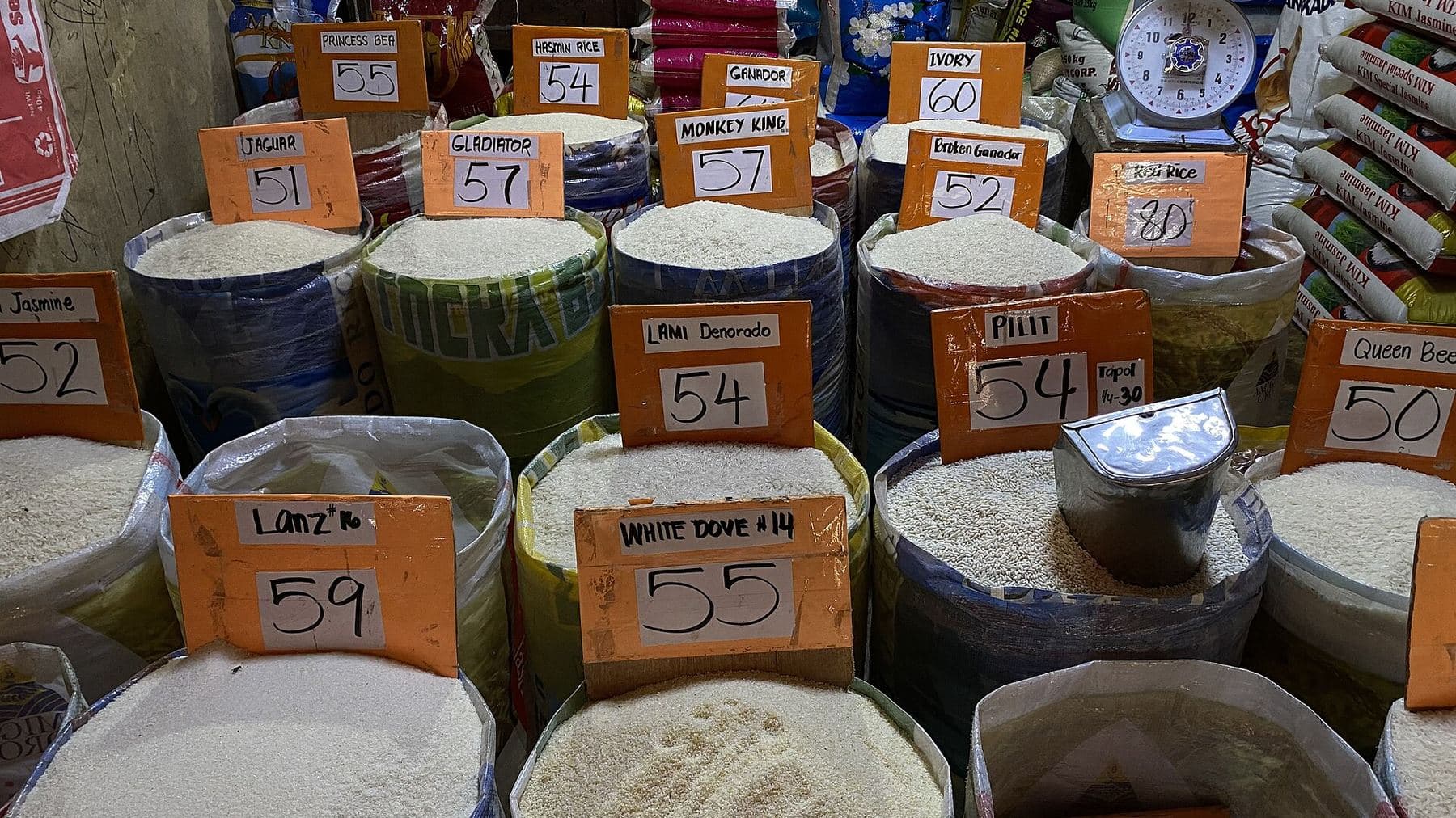 Sacks of rice displayed at a wholesale market stall
