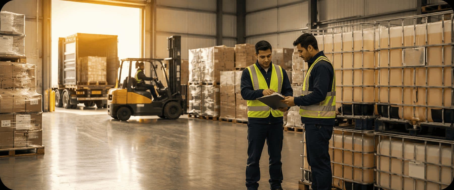 Warehouse loading bay with a forklift and staff checking a delivery